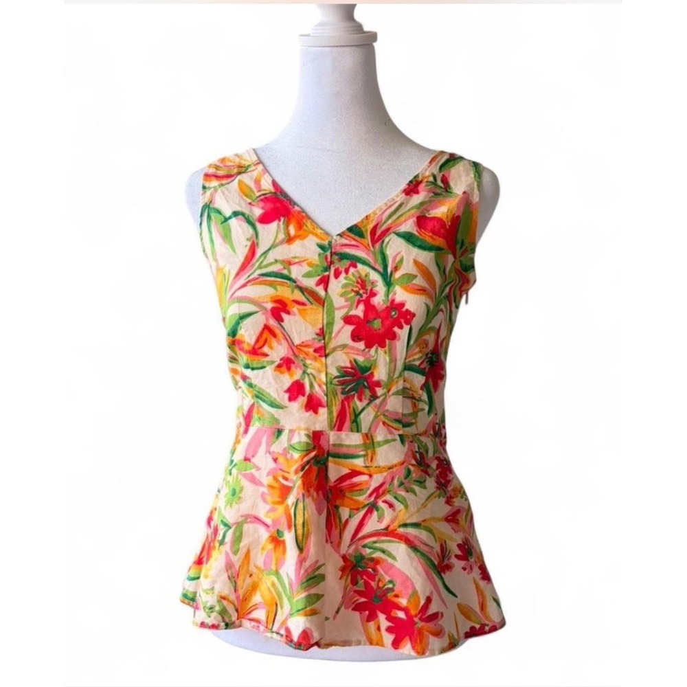 J.Crew Tropical Floral Linen Cotton Peplum Top V-Neck Sleeveless G5318 Sz 2